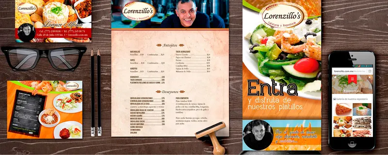 Diseño de menú, tarjetas, web y pendón: Restaurantes y alimentos