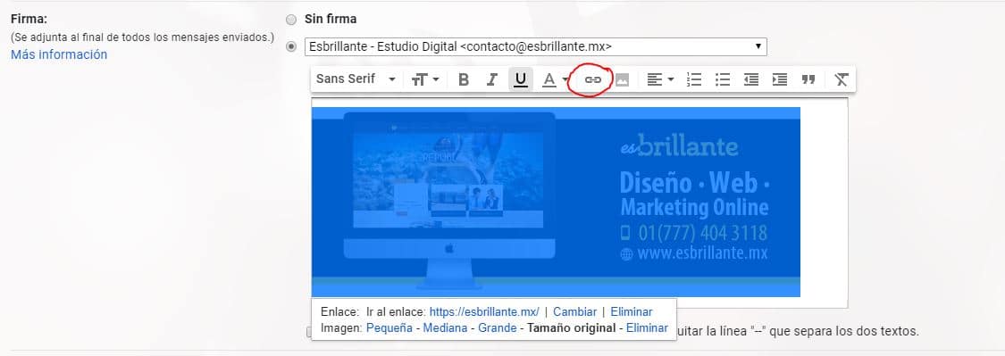 Agregar el diseño de tu firma electrónica en Gmail 6 Cómo ponerle link a mi página a mi firma electrónica en Gmail